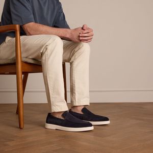 Manfield - Loafers - Donkerblauw - Suède - Platte Zool - Leer Voering