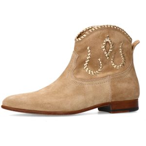 Manfield - Dames - Beige Suède Enkellaarsjes - Gouden Details - Platte Hak 2 cm