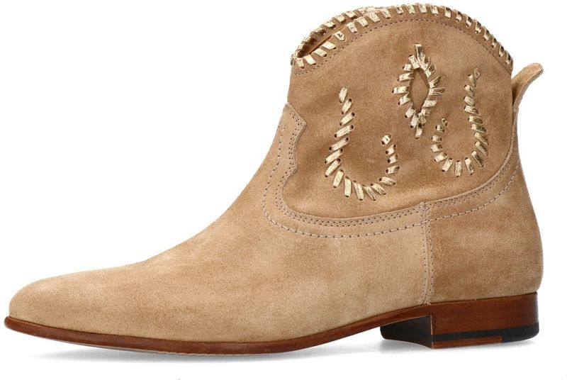 Manfield - Dames - Beige Suède Enkellaarsjes - Gouden Details - Platte Hak 2 cm