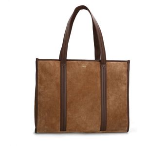 Manfield - Taupe Suède Shopper - Beige - Suède - Ritssluiting - Laptopvak - Zijvak