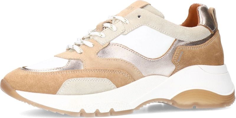 Manfield - Sneakers - Beige - Leer - Platformzool 5 cm - Bronzen Accenten