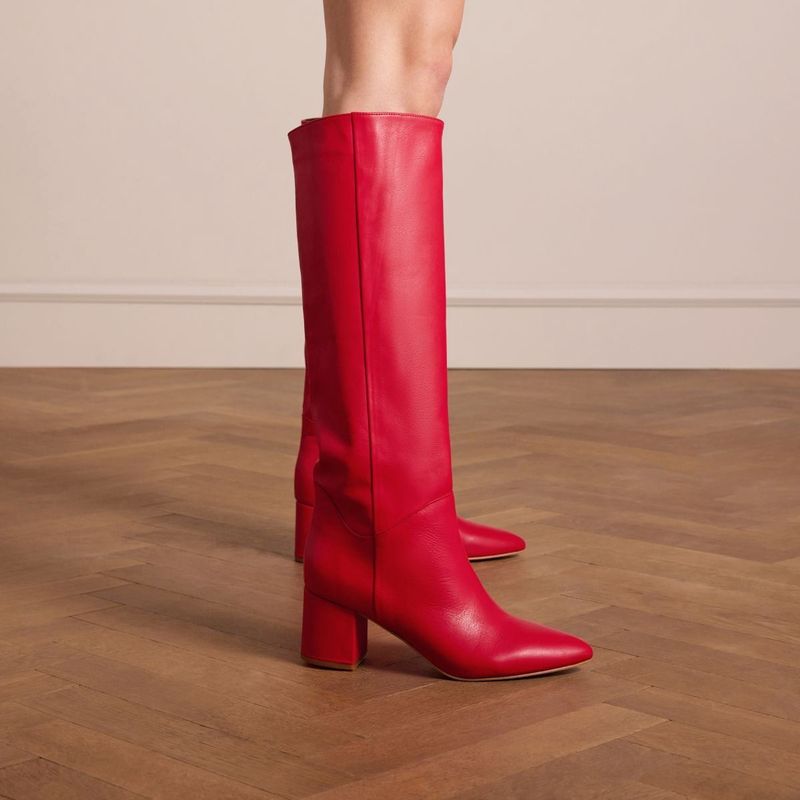 Manfield - Rode Laarzen - Dames - Leer - Puntige Neus - Blokhak