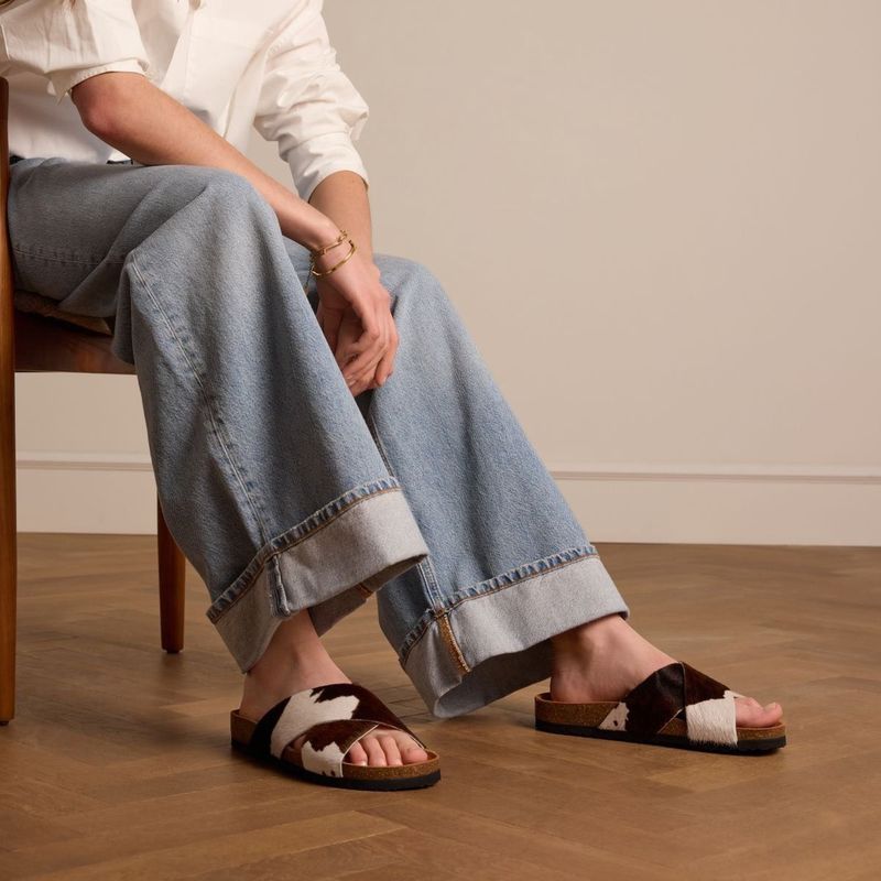 Manfield - Leren Slippers - Koeienprint - Wit/Bruin - Dames