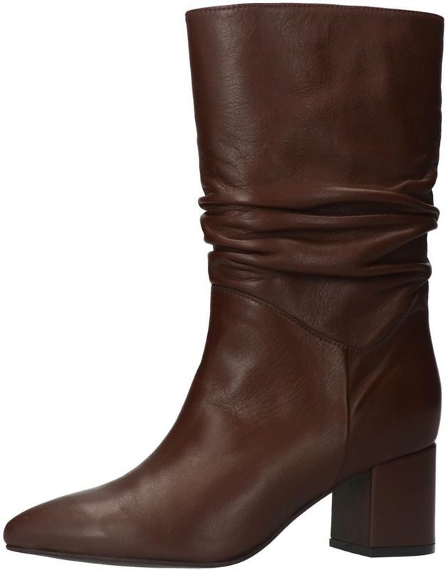 Manfield - Bruine Leren Laarzen - Blokhak 6 cm - Gerimpeld Detail