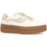 Manfield - Dames - Witte Leren Sneakers - Suède Details - Bruine Plateauzool