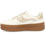 Manfield - Dames - Witte Leren Sneakers - Suède Details - Bruine Plateauzool