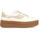 Manfield - Dames - Witte Leren Sneakers - Suède Details - Bruine Plateauzool