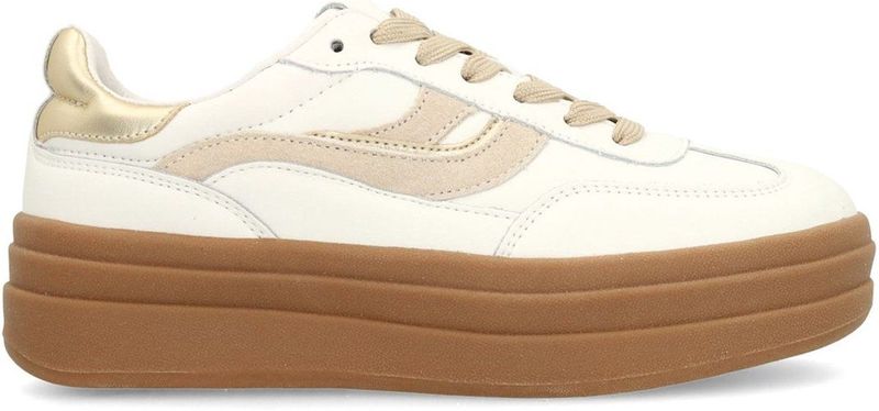 Manfield - Dames - Witte Leren Sneakers - Suède Details - Bruine Plateauzool