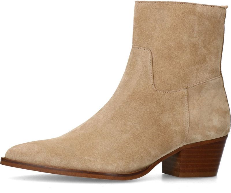 Manfield - Enkellaarsjes - Beige - Suède - Ritssluiting - Schuine Blokhak