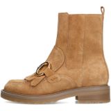 Manfield - Cognac Leren Enkellaarsjes - Beige - Leer - Gouden Kettingdetail