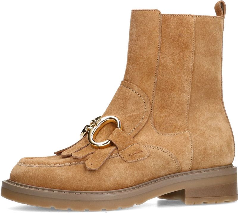 Manfield - Cognac Leren Enkellaarsjes - Beige - Leer - Gouden Kettingdetail