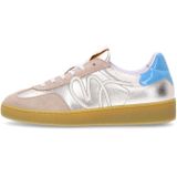 Manfield - Dames - Beige Leren Sneakers - Goudkleurige & Blauwe Details