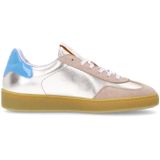 Manfield - Dames - Beige Leren Sneakers - Goudkleurige & Blauwe Details
