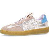 Manfield - Dames - Beige Leren Sneakers - Goudkleurige & Blauwe Details