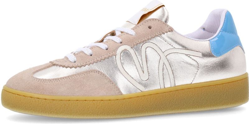Manfield - Dames - Beige Leren Sneakers - Goudkleurige & Blauwe Details