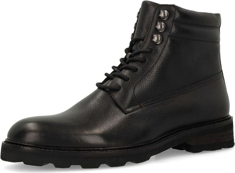 Manfield - Zwarte Leren Veterschoenen - Enkellaarsjes