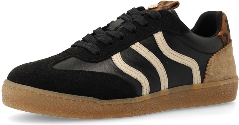 Manfield - Sneakers - Zwart - Leer - Luipaarddetails - Bruine Zool