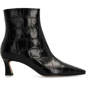 MANFIELD - Enkellaarsjes - Zwart - Glad Leer - Middelhoge Hak