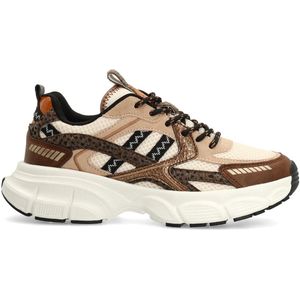 Manfield - Dames - Bruine Sneakers - Plateauzool 5 cm - Mesh en Multi Colour Details