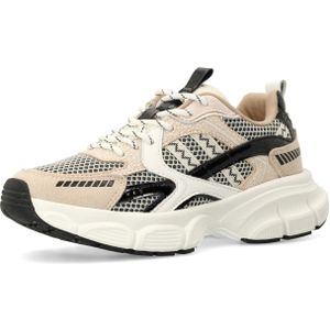 Manfield - Sneakers - Veelkleurig - Beige met Zwart en Wit Stofdetails - 5 cm Plateauzool
