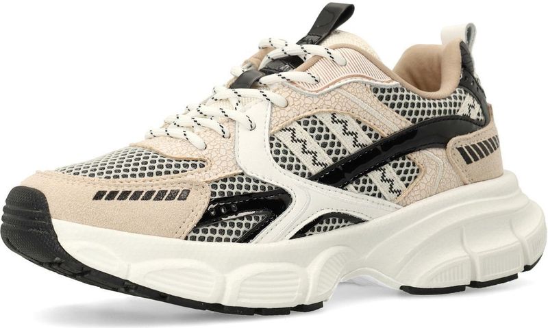 Manfield - Sneakers - Veelkleurig - Beige met Zwart en Wit Stofdetails - 5 cm Plateauzool
