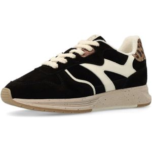Manfield - Zwarte Fluweel Sneakers - Dames - Suède - Luipaarddetails