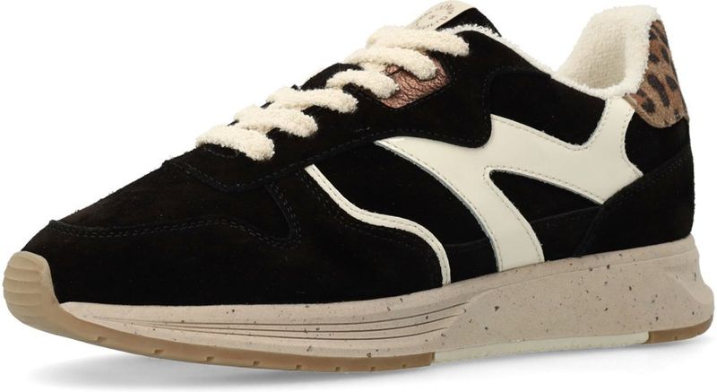 Manfield - Zwarte Fluweel Sneakers - Dames - Suède - Luipaarddetails