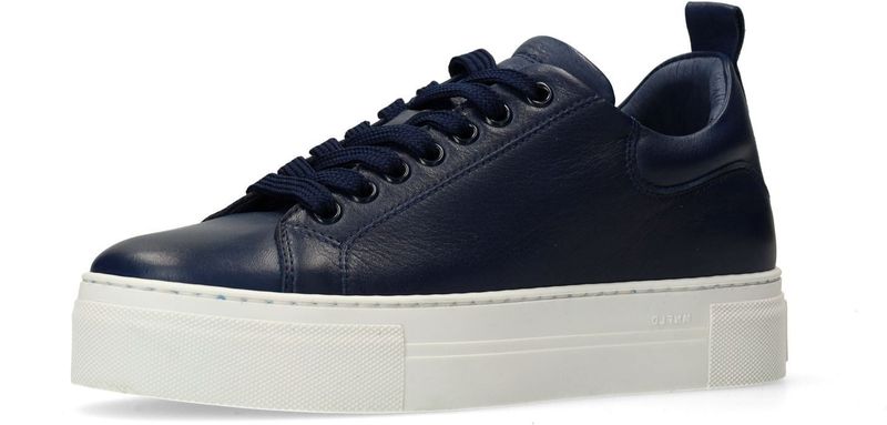 Manfield - Donkerblauwe Leren Sneakers - Dames - Plateau Zool 4 cm