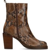 Manfield - Enkellaarsjes - Taupe - Leren Snakeprint - Met Hak - 8 cm