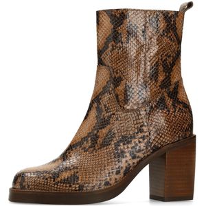 Manfield - Enkellaarsjes - Taupe - Leren Snakeprint - Met Hak - 8 cm