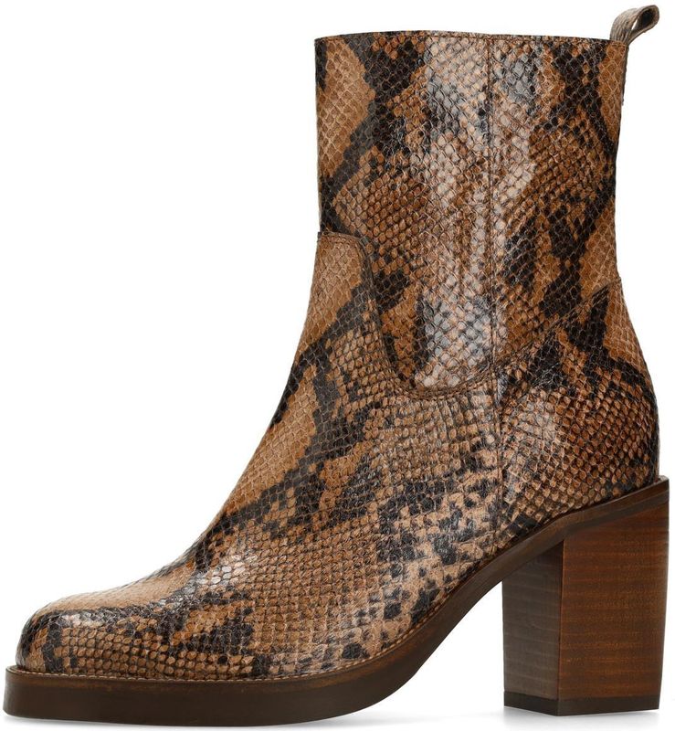 Manfield - Enkellaarsjes - Taupe - Leren Snakeprint - Met Hak - 8 cm