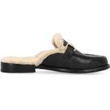 Manfield - Leren Instappers - Zwart - Platte Hak - Gouden Chain