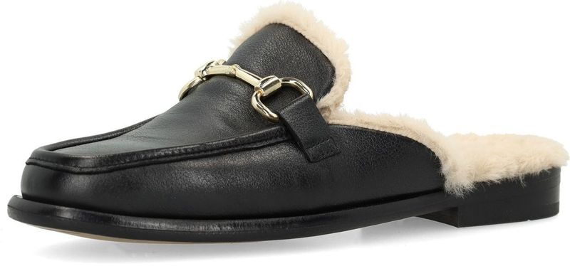 Manfield - Leren Instappers - Zwart - Platte Hak - Gouden Chain