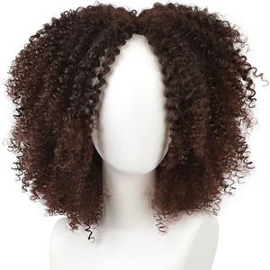 Deyngs Natuurlijke Bruin/Zwart O Haar Korte Afro Kinky Krullend Pruiken Natuurlijke 16 inches Synthetische Pruiken voor Afro-amerikaanse vrouwen