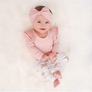 Herfst Baby Kleding Meisje Katoenen Peuter Outfits Pure Kleur Romper + Flamingo Print Broek + Hoofdband Kleding Set 3 stuks