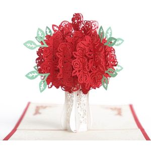 Rode Roos Boeket 3D Pop Up Wenskaart Voor Alle Gelegenheden Date Night, Huwelijkscadeau Plooien Plat