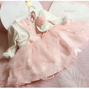 2pcs Baby Meisjes Doop Formele Kleding Prinses Gown Roze Kant Baby Doop Huwelijk 1 st Verjaardag Jurk voor Pageant party