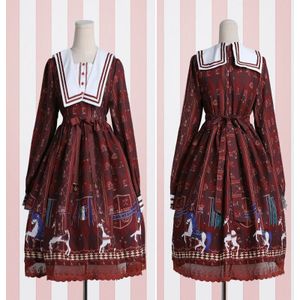 Vrouwen Japan Lange Mouwen Gedrukt Royal Trojan Horse Vrouwen OP Lolita Jurk Empire Taille Chiffon Sailor Kraag een Stuk Kostuum