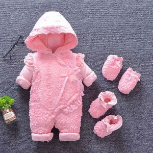 Pasgeboren Baby Meisjes Winter Dikke Bodysuit Warm Katoen Gevoerde Capuchon Bodysuit Prinses Verjaardagsfeestje Kerst Foto Outfits