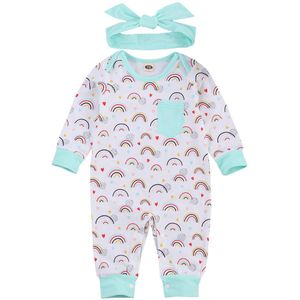 Peuter Baby Meisjes Jongens Regenboog Romper Lange Mouwen Outfits Sets, Leuke Cartoon Gedrukt Speelpakjes + Hoofdband Sets