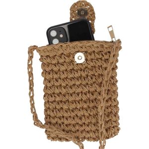 Telefoontasje dames crossbody - Schoudertasje telefoon - Gevlochten papierstro - Naturel