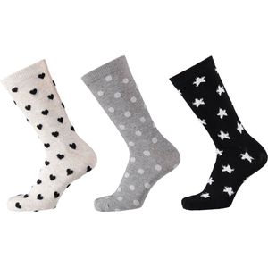 Apollo Fashion Sokken Dames - Grijs - 3-Pack - Katoen - Vrolijke Print