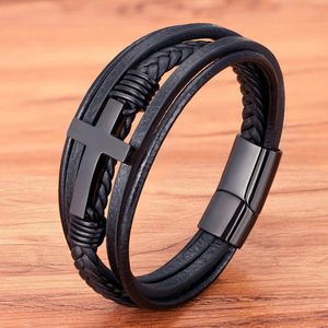 Armband Heren - Zwart Leer met Zwart Kruis - 23cm - Leren Armbanden - Cadeau voor Man - Mannen Cadeautjes Accesoires