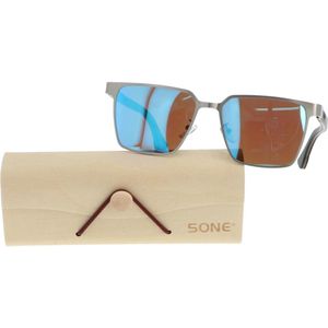 5one®  Napoli Square Blue - Zonnebril met Houten poten - spiegelglas