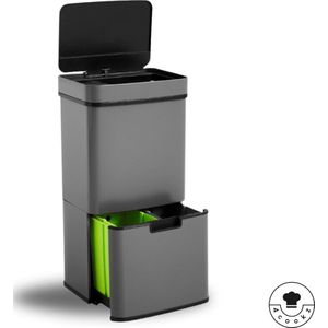 4cookz® Smart Waste Grey Prullenbak Afvalscheiding 72 liter - Sensor Prullenbak 3 vakken - 2x12L + 48L - Recycle Afvalbak - Afvalscheidingsprullenbakken - Mat grijs