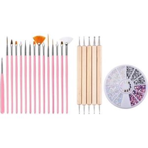GUAPÀ - Nagel Penselen Set Roze + Rhinestones Parelmoer + Druppel & Dotting Pennen - Nail Art, Acryl & Gel Nagels - 3 Delige Set