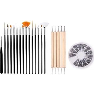 GUAPÀ - Nagel Penselen Set Zwart + Rhinestones Zilver + Druppel & Dotting Pennen - Nail Art, Acryl & Gel Nagels - 3 Delige Set