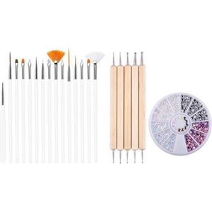 GUAPÀ - Nagel Penselen Set Wit + Rhinestones Parelmoer + Druppel & Dotting Pennen - Nail Art, Acryl & Gel Nagels - 3 Delige Set