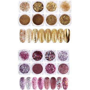 GUAPÀ - Nagel Glitter Poeder Nail Art Set Goud / Zilver / Rosé - 16 stuks