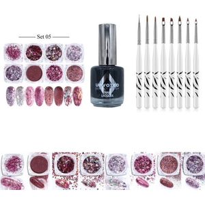 GUAPÀ - Nail Art Glitter Poeder Nagellak & Penselen Set - Rosé Nagel Versiering + Zwarte Nagellak